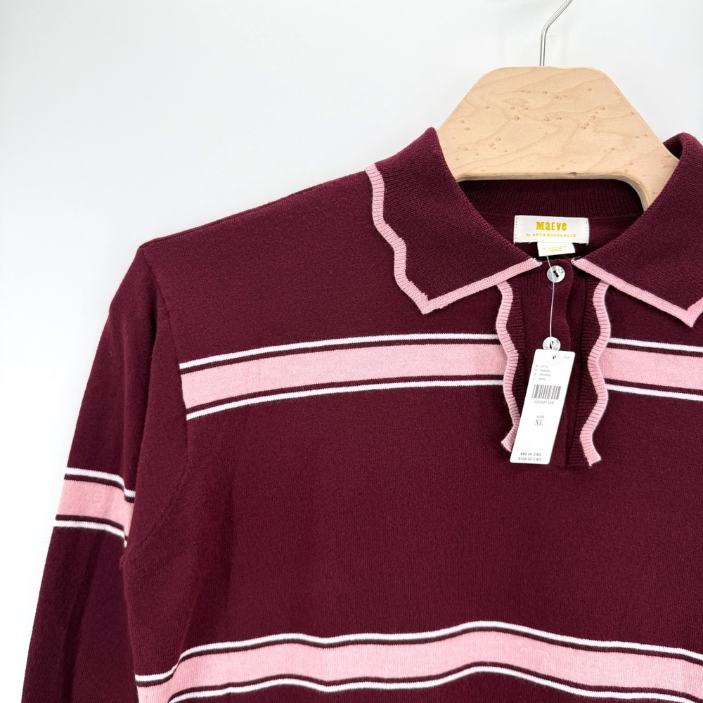 Maeve Anthropologie Knit Polo Women XL Wine Pink Scalloped Stripe Ruffle Sweater - Picture 2 of 12